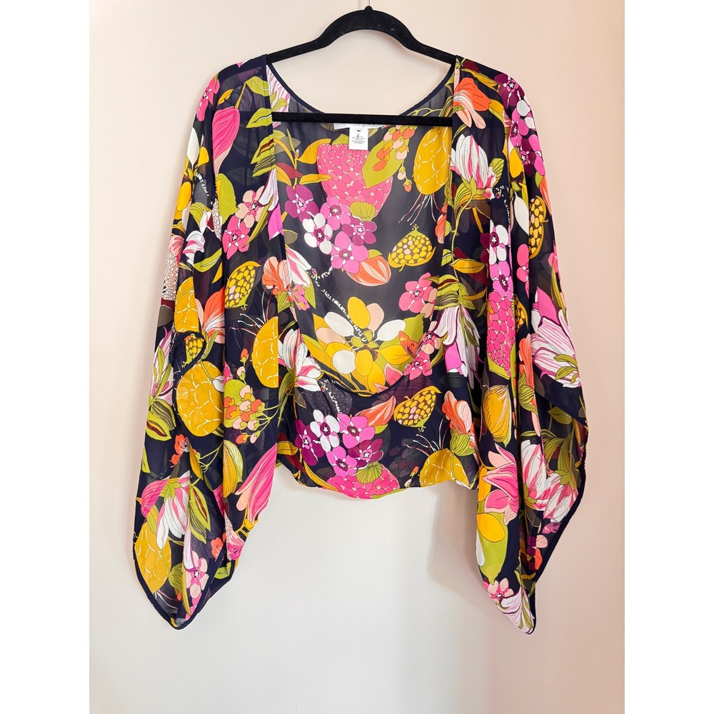 Trina Turk Silk Shrug Navy Floral Fruit Print Draped Open Front Bolero XS/S